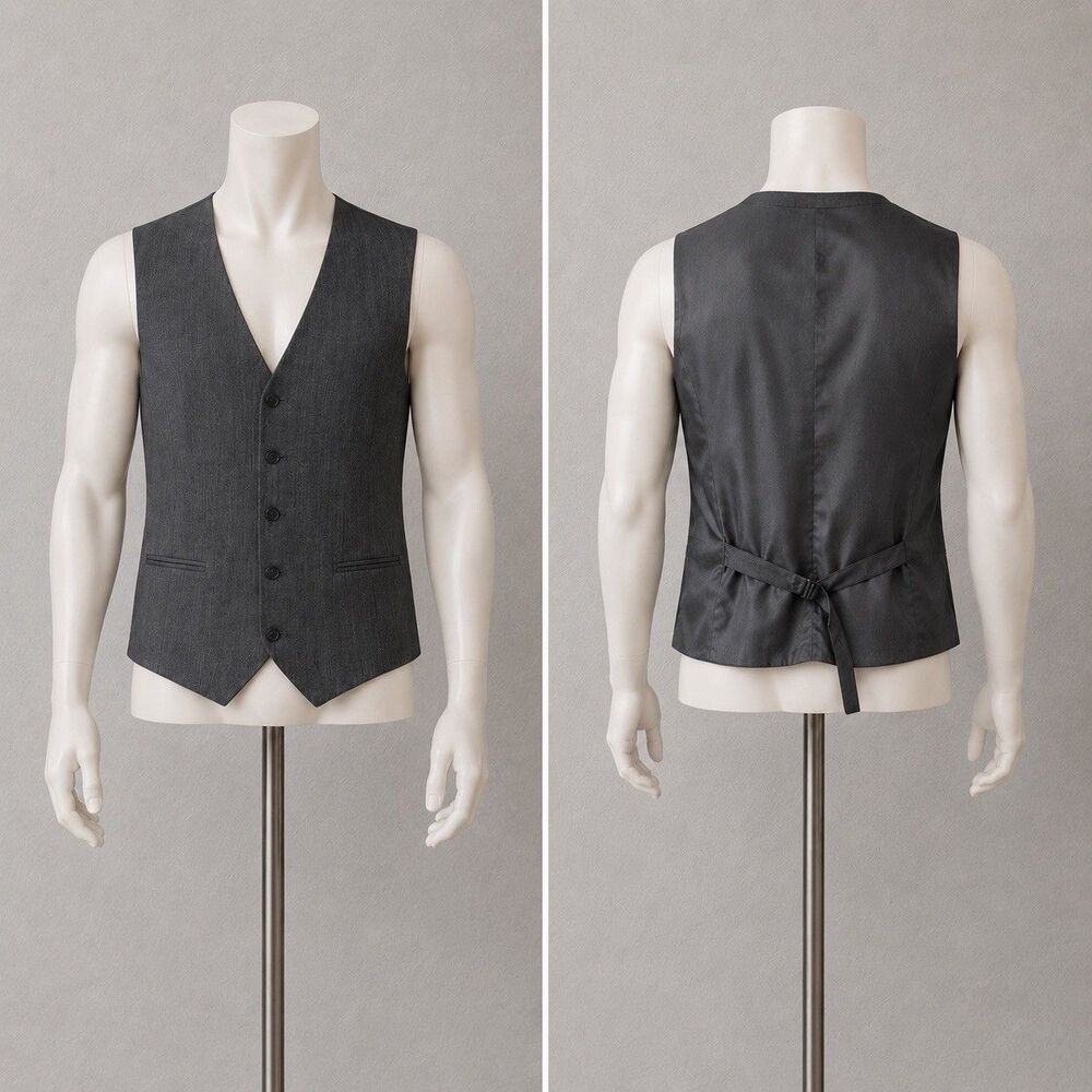 EGARA Slim Fit Wool Suit Vest Gray Mens Large Formal Waistcoat Wedding Career
